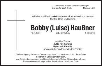 Traueranzeige von Luise Haußner von Pegnitz-Zeitung